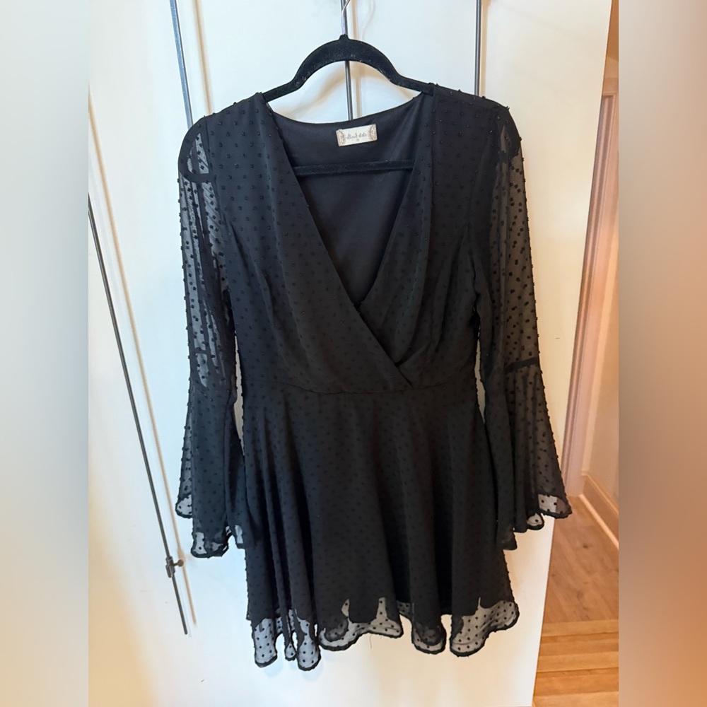 Altar'd State Gigi Mini Lace Dress featuring bell sleeves and Swiss dots.